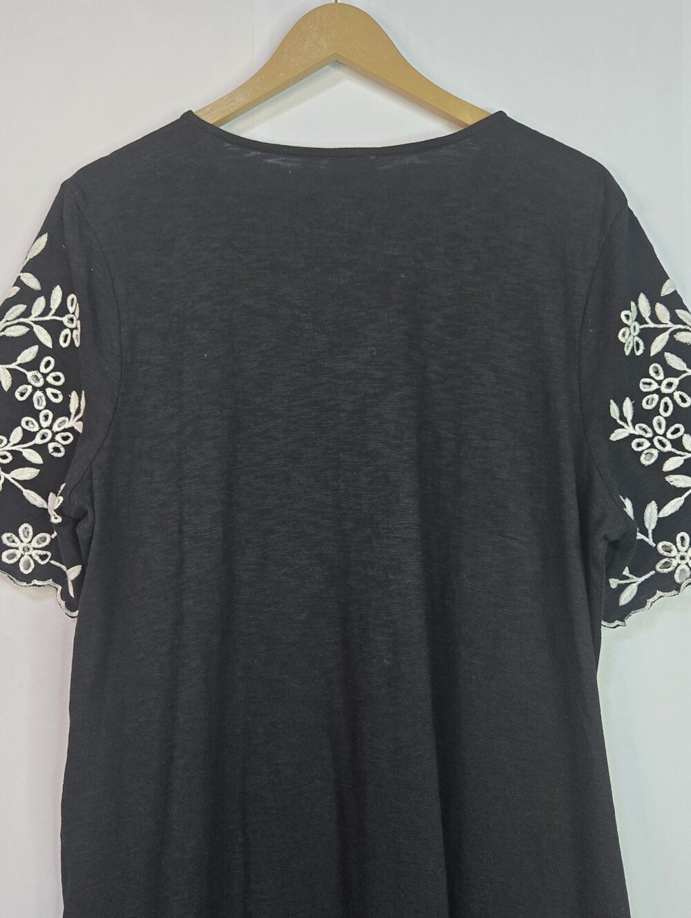 Chico's Size 2 Black Cotton V-neck Midi Dress, White Embroidery Short Sleeves - Picture 9 of 12